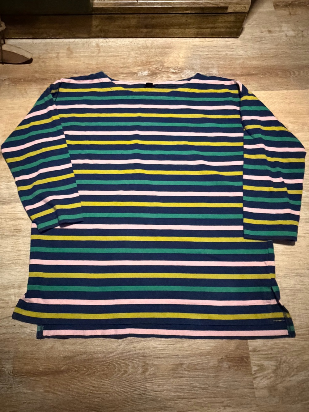 J. Crew Cotton Boat Neck Striped Navy, Olive & Pastel Pink 3/4 Sleeve Top